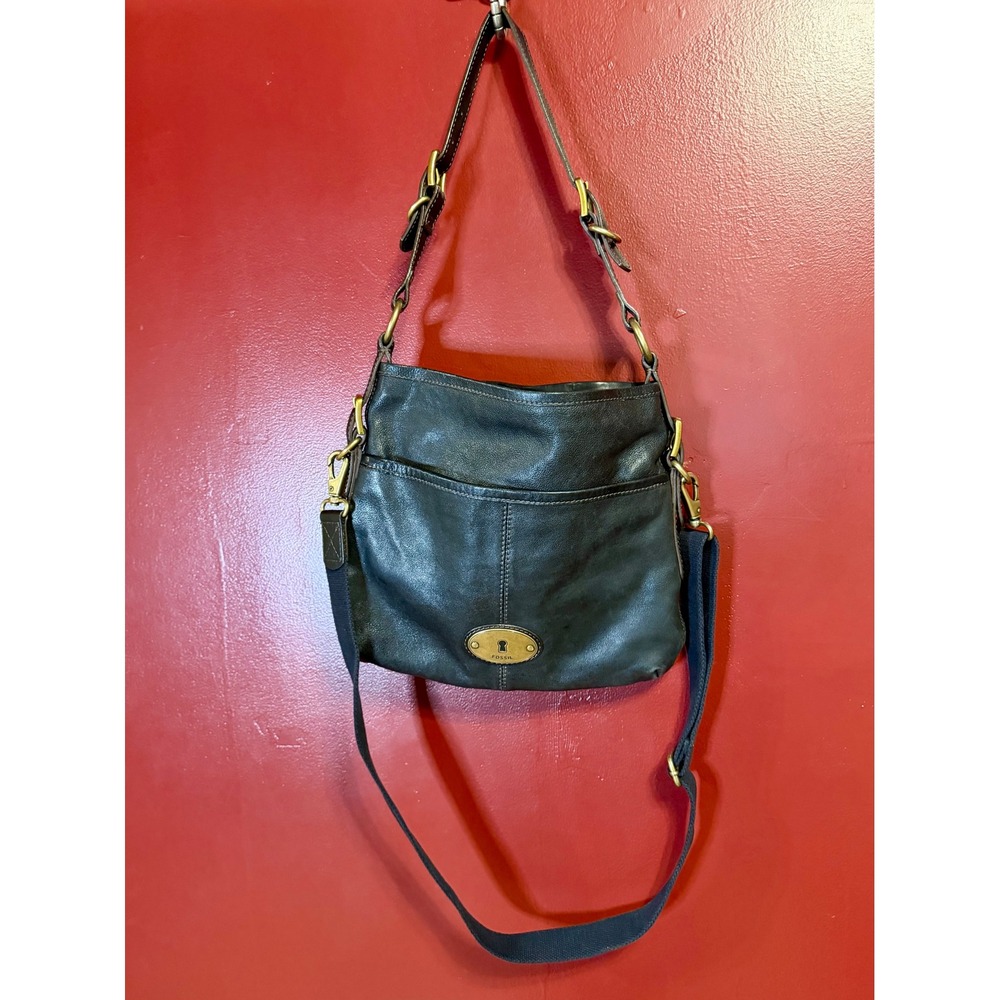 Fossil Long Live Vintage Black Leather Crossbody Bag Messenger Hobo Slouchy